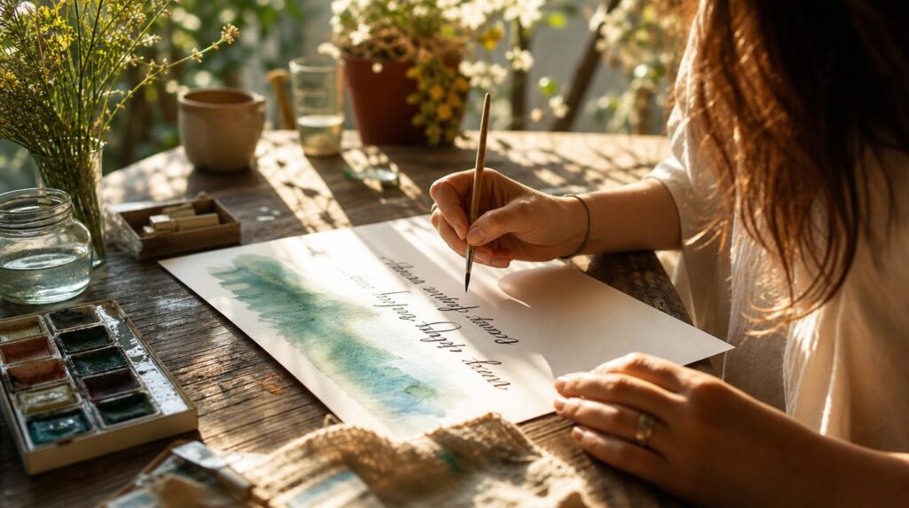 Hands creating art at a sunlit table, creativity and self-expression