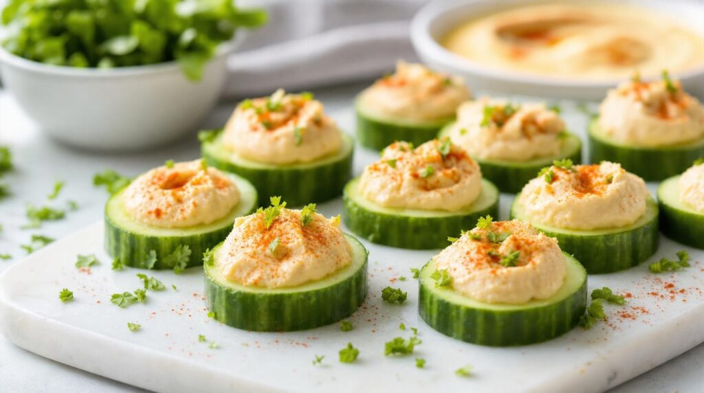 Cucumber Hummus Bites dusted with paprika