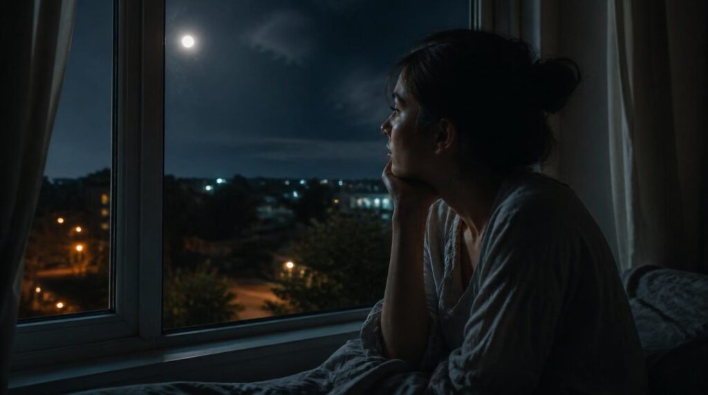Thoughtful woman gazing at the moon at night, moon sign emotions