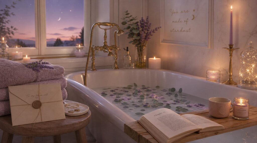 Candlelit solstice evening bath ritual with lavender and a letter