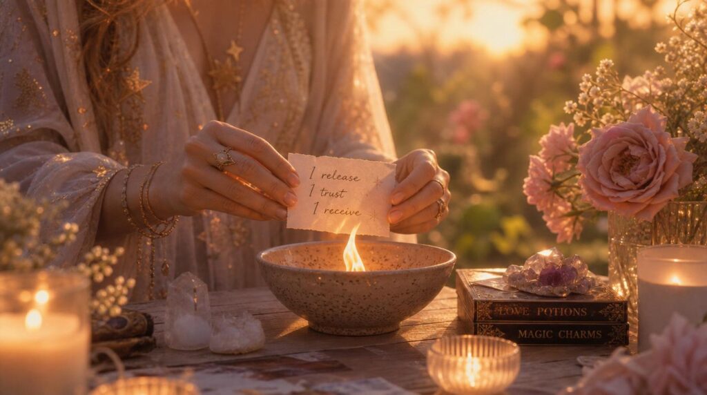 Solstice fire ritual with paper and candle for releasing intentions