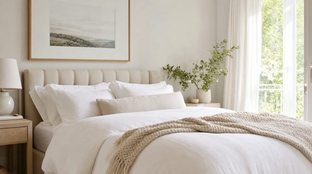 Freshly made bed with white linens