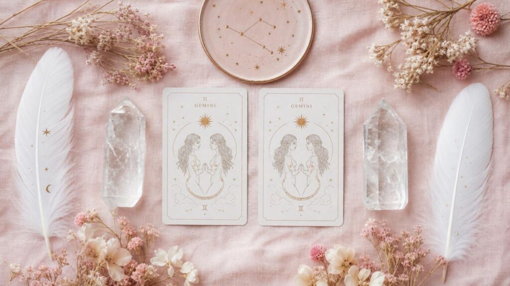 Flat lay symbolizing the Gemini twins with crystals and feathers