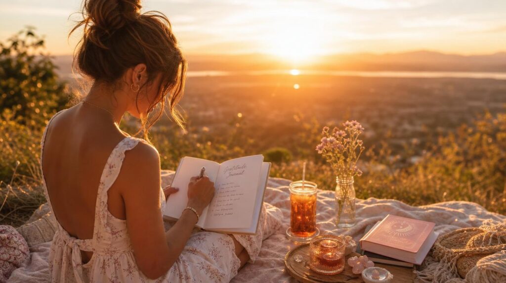 Golden hour gratitude journaling ritual on the longest day