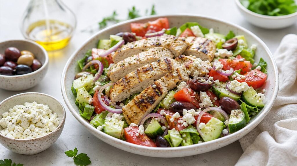 Greek Chicken Salad with feta, olives and red onion