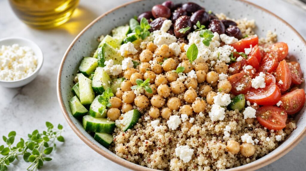 Greek Chickpea Grain Bowl over quinoa
