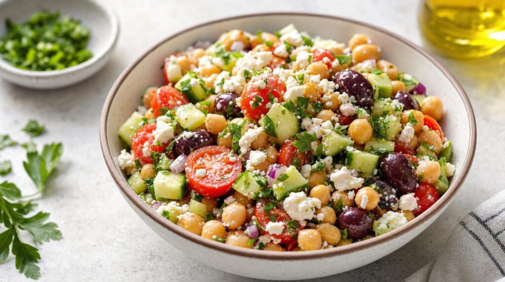 Greek Chickpea Salad Bowl with feta and olives