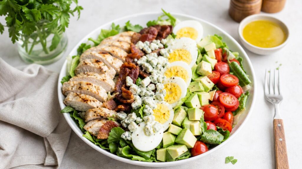 Grilled Chicken Cobb Salad with egg, avocado and tomatoes