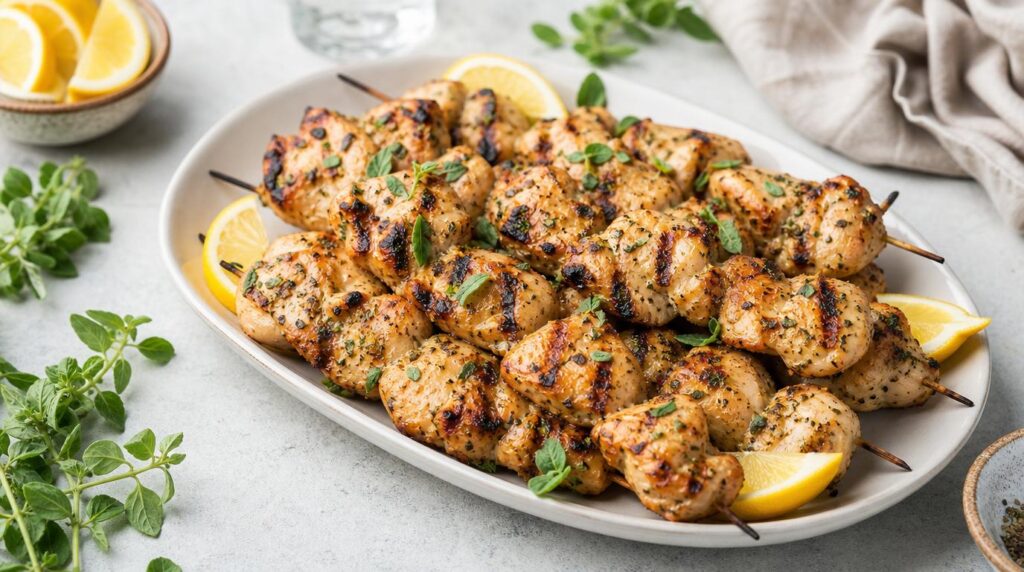 Grilled Chicken Skewers marinated in lemon, garlic and herbs, charred on a platter