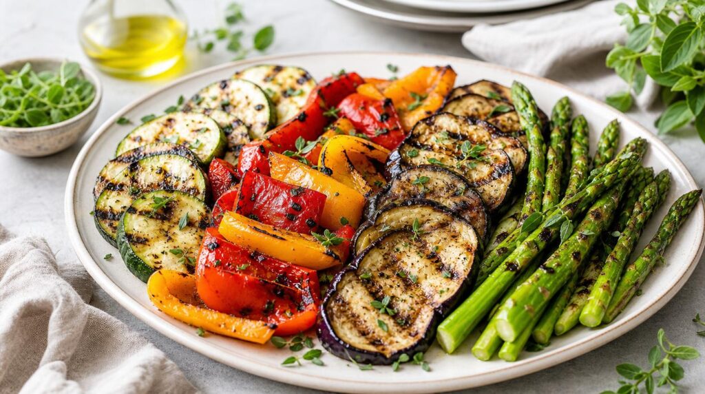 Grilled Veggie Platter of zucchini, bell peppers, eggplant and asparagus