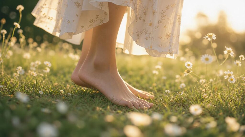 Barefoot grounding on grass as Chiron in Taurus earth medicine