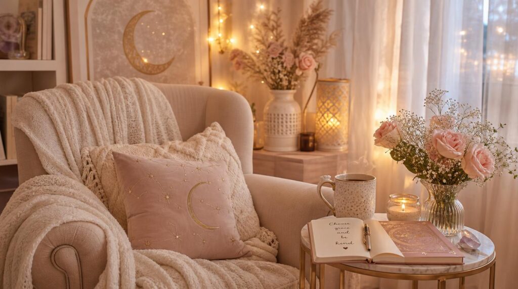 Cozy home sanctuary corner for Cancer season nesting