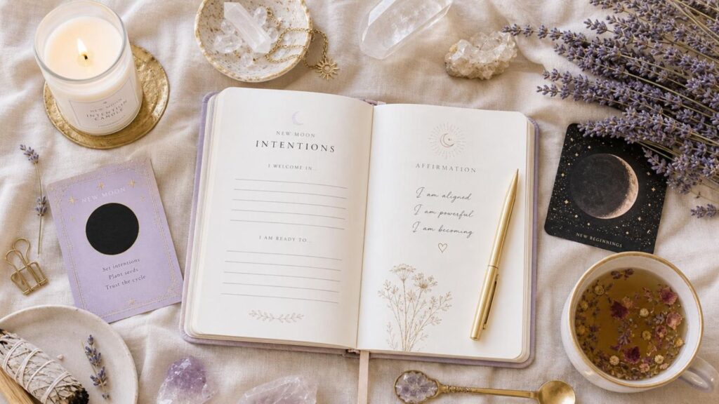 New moon in Gemini ritual flat lay with journal candle and crystals
