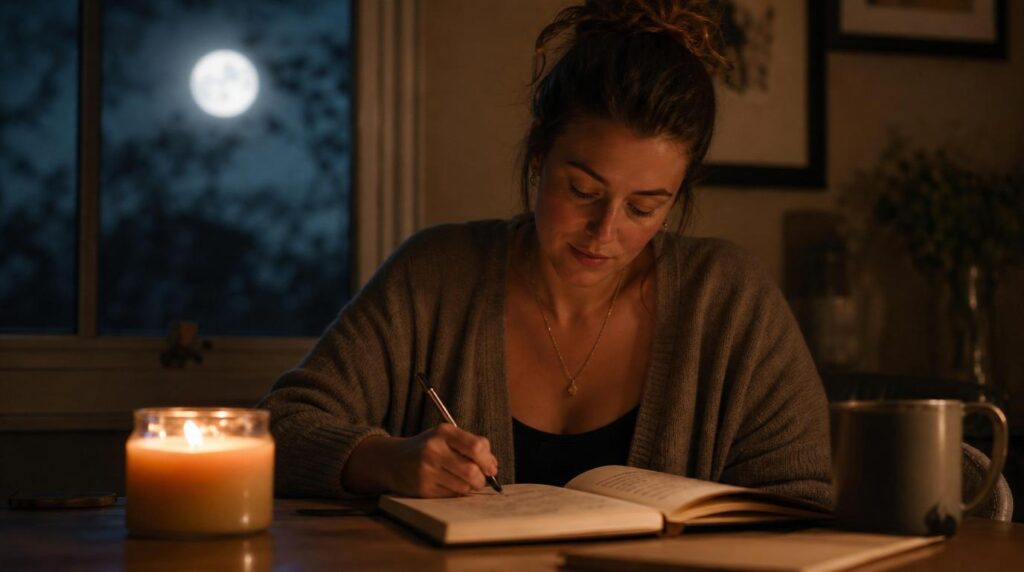 Woman journaling by candlelight under the full moon
