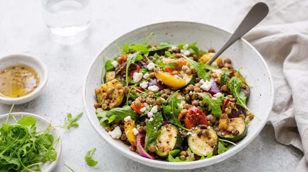 Lentil and Roasted Veggie Salad with arugula