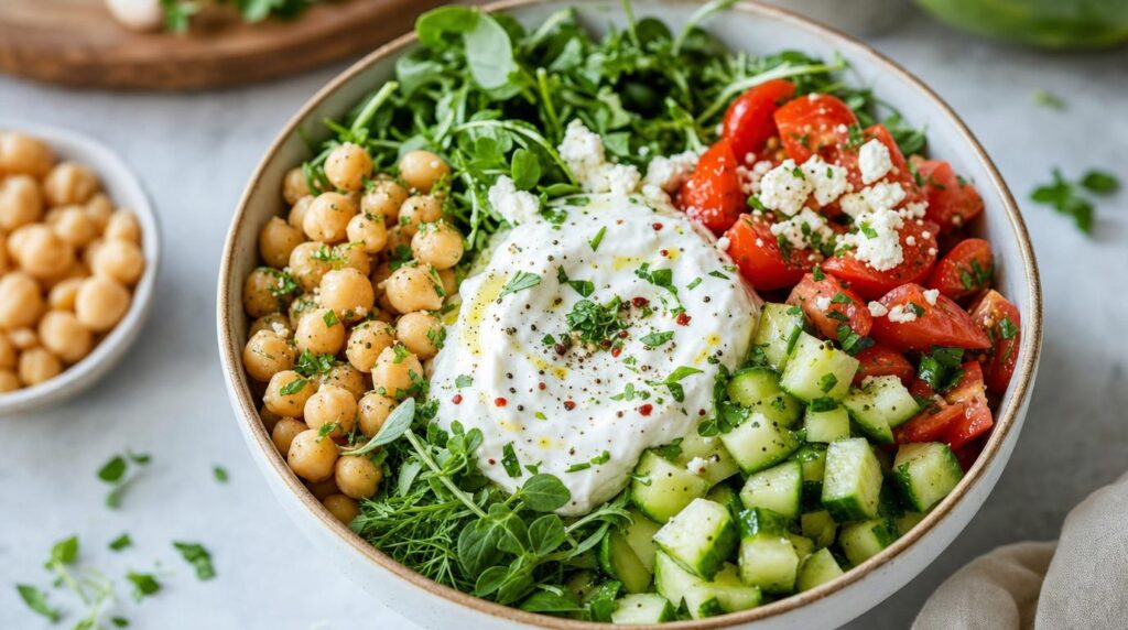Loaded Greek Yogurt Veggie Bowl with chickpeas and za'atar