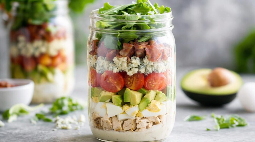 Mason Jar Cobb Salad layered for meal prep