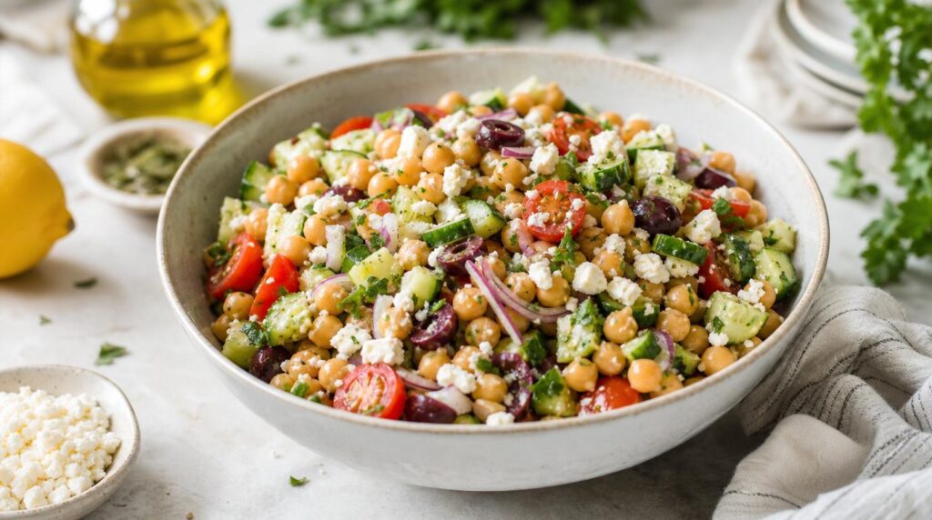 Mediterranean Chickpea Salad with feta and olives