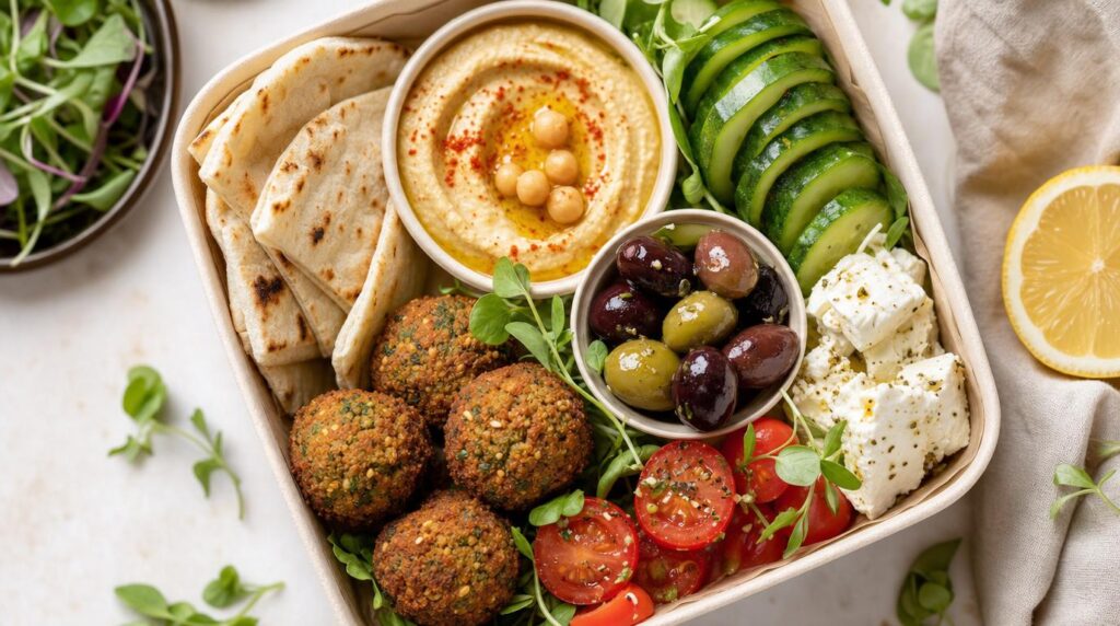 Mediterranean Mezze Box with hummus, feta and pita