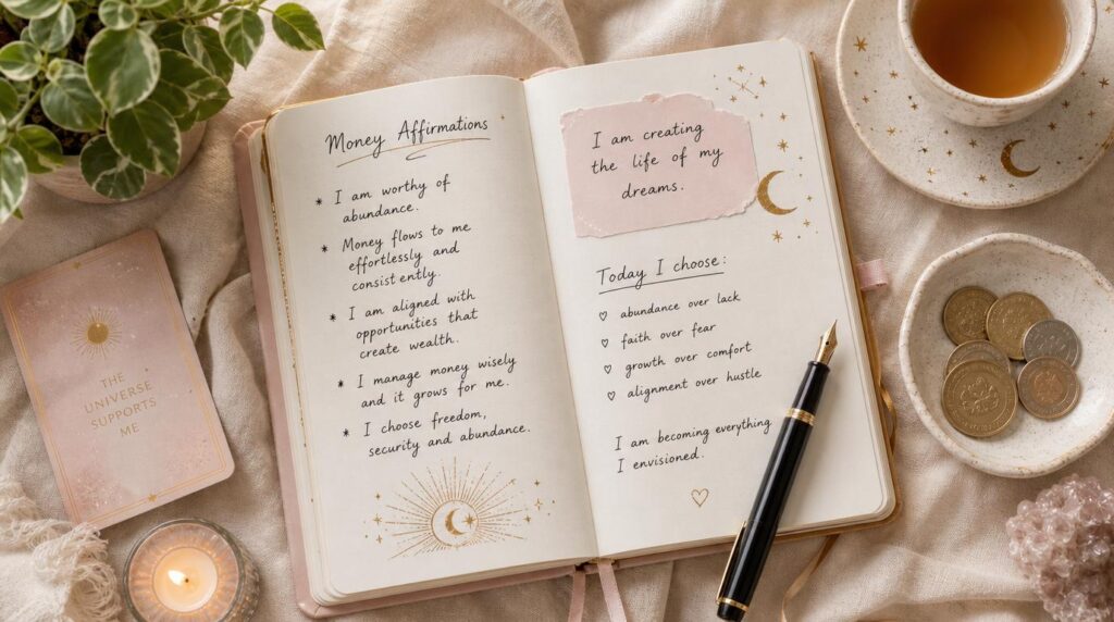 Journaling flat lay for rewriting money beliefs during Chiron in Taurus
