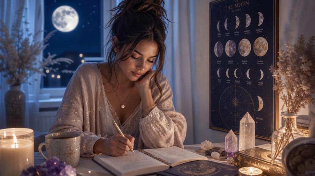 Woman writing a moon journal for Cancer season self-care