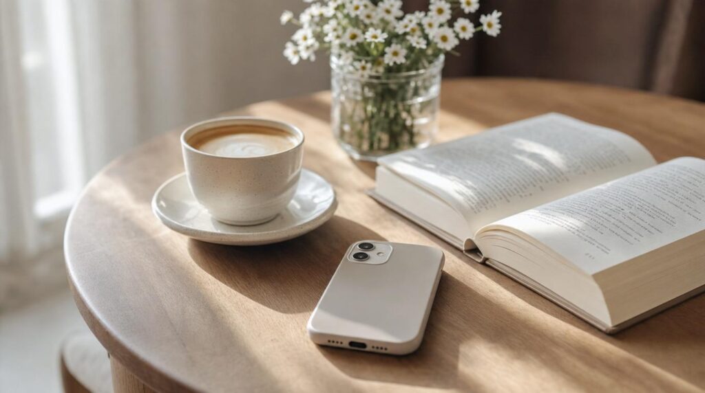 Phone turned face-down beside coffee and a book