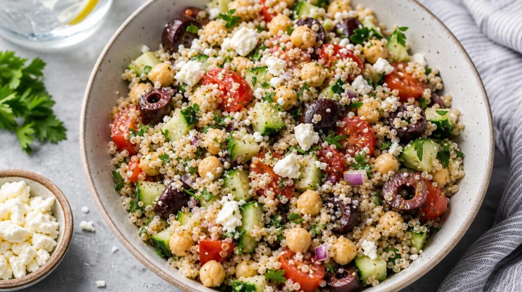 Mediterranean Quinoa and Chickpea Salad in a bowl with quinoa, chickpeas, cucumber, tomato, olives and feta