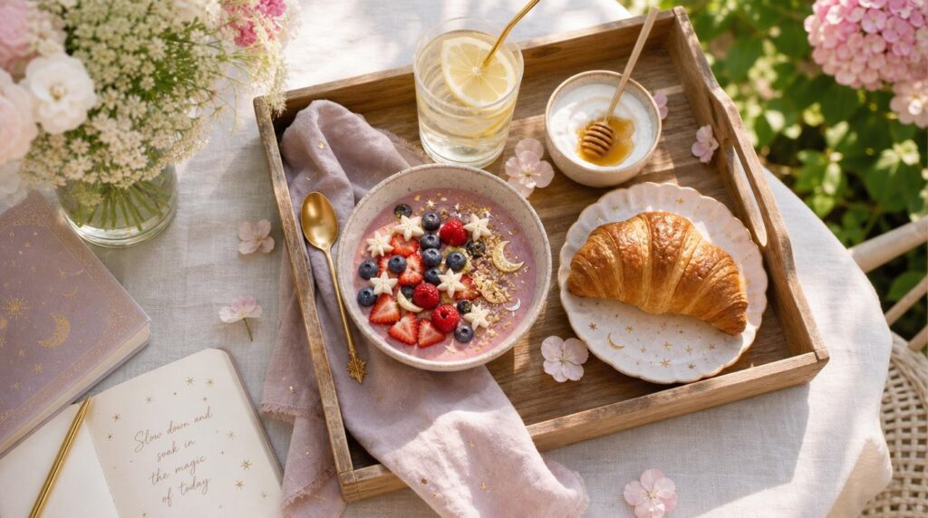 Slow summer solstice morning breakfast tray in golden light