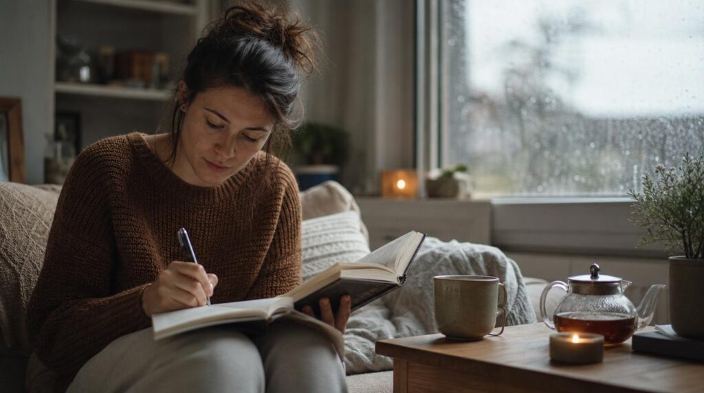 Woman reading and journaling at home during Mercury retrograde
