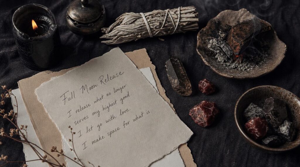 Full moon release ritual flat lay with candle, sage and crystals