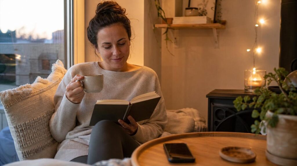 Woman doing a calming digital detox during Mercury retrograde