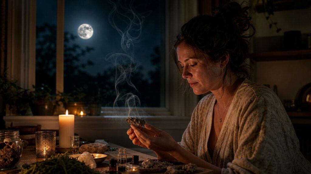 Woman performing a full moon release ritual by candlelight
