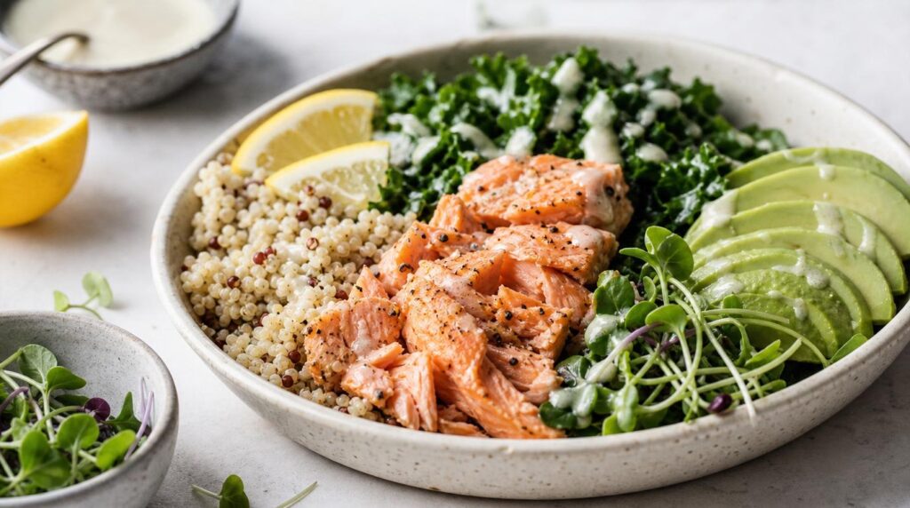 Salmon and Quinoa Power Bowl with kale and avocado