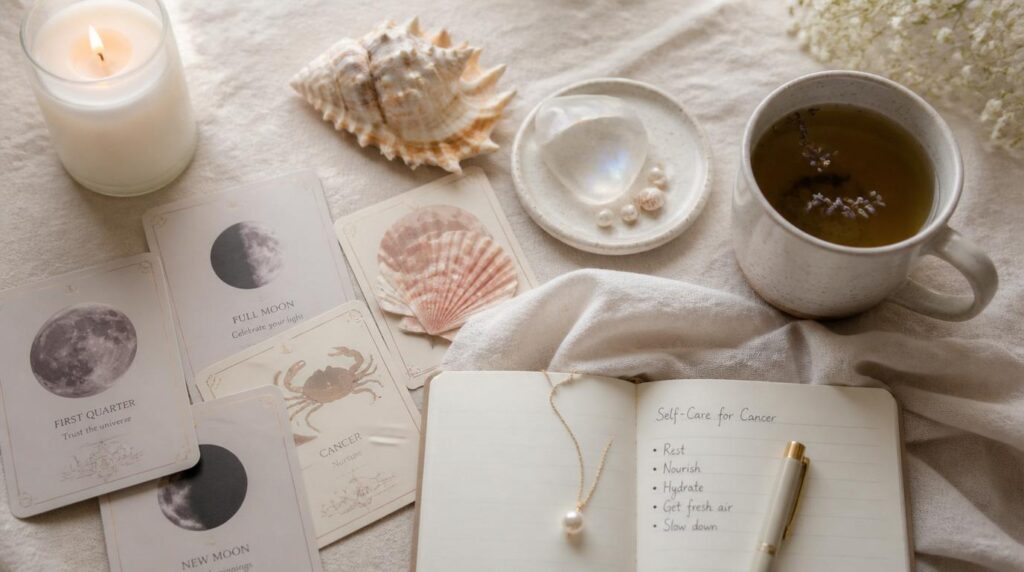 Cancer self-care flat lay with moon cards, journal, candle and seashells