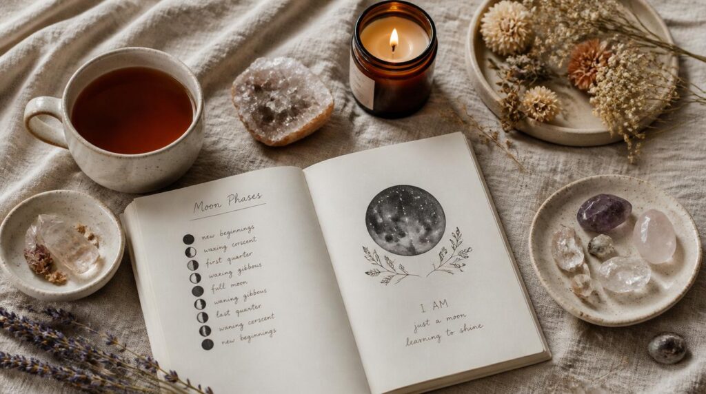 Moon-themed self-care flat lay with tea, journal, crystals and candle