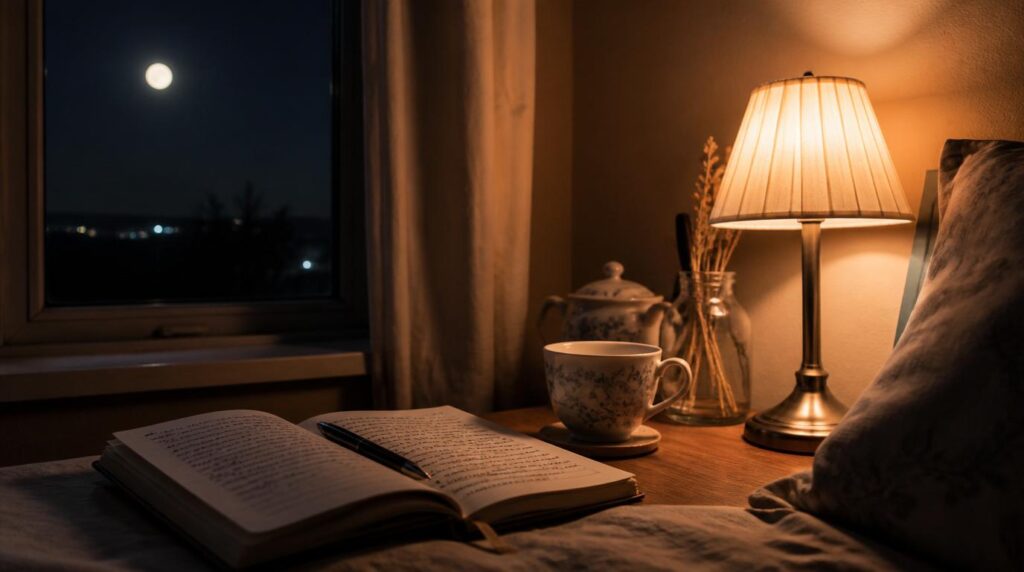 Cozy nighttime journaling scene for moon sign self-reflection