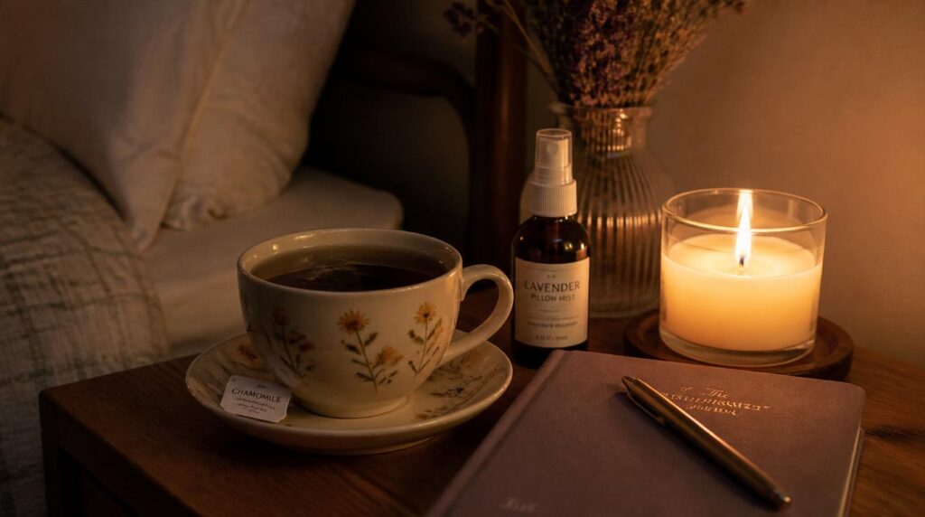 Nighttime self-care setup with chamomile tea, lavender mist and journal