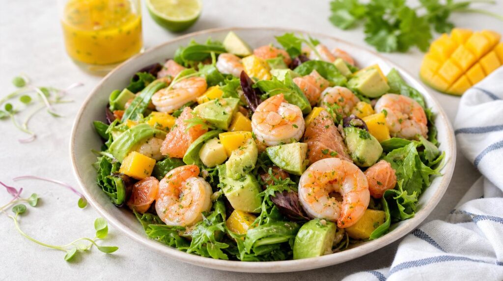 Shrimp Avocado Salad with mango over greens