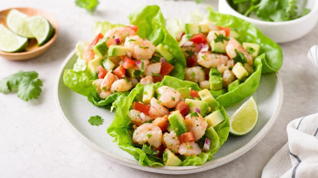 Shrimp Ceviche Lettuce Cups with avocado and lime
