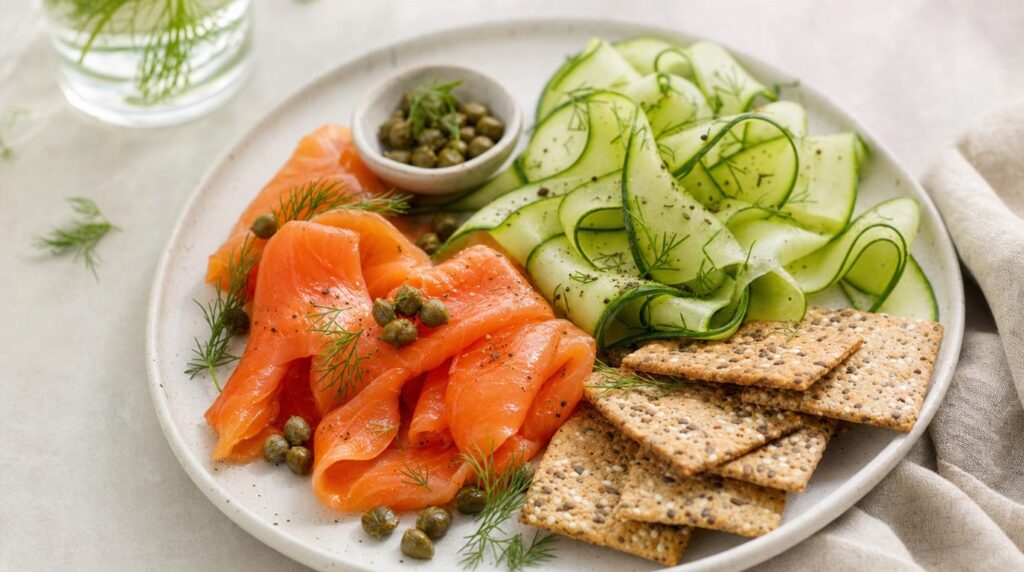 Smoked Salmon and Cucumber Plate with capers and crackers