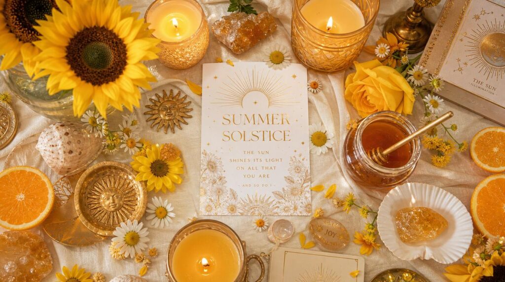 Summer solstice altar flat lay with candles, sunflowers and citrine