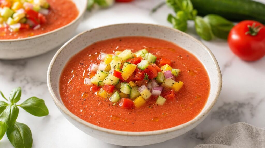Chilled Summer Gazpacho topped with diced veg