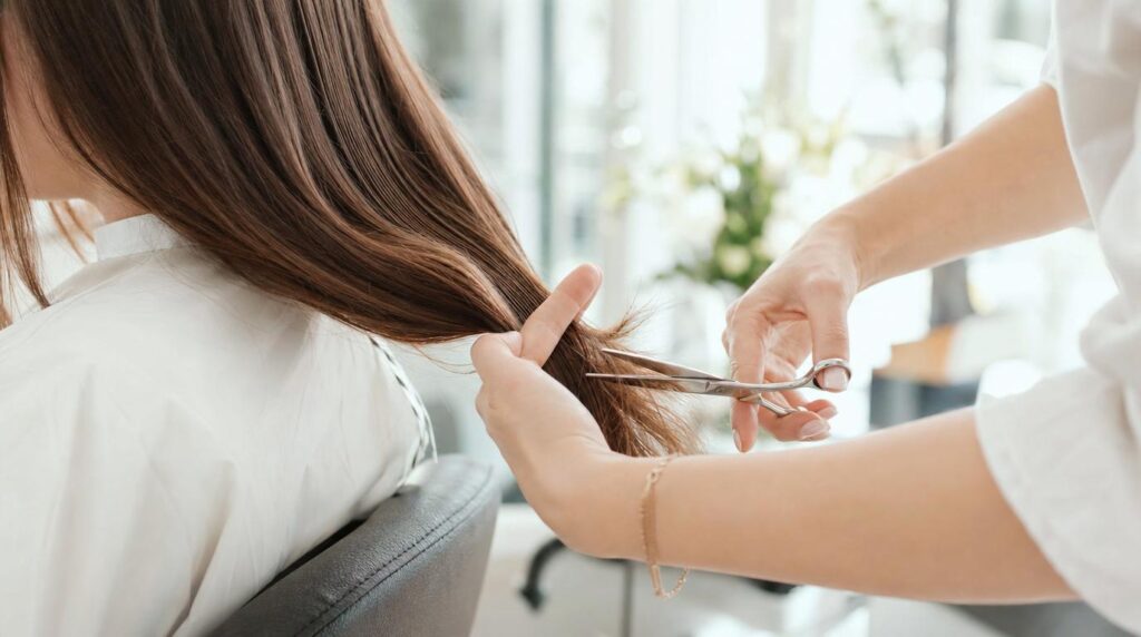 Trimming damaged hair ends at a salon