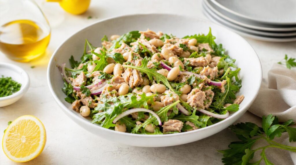 Tuna White Bean Salad with arugula and parsley