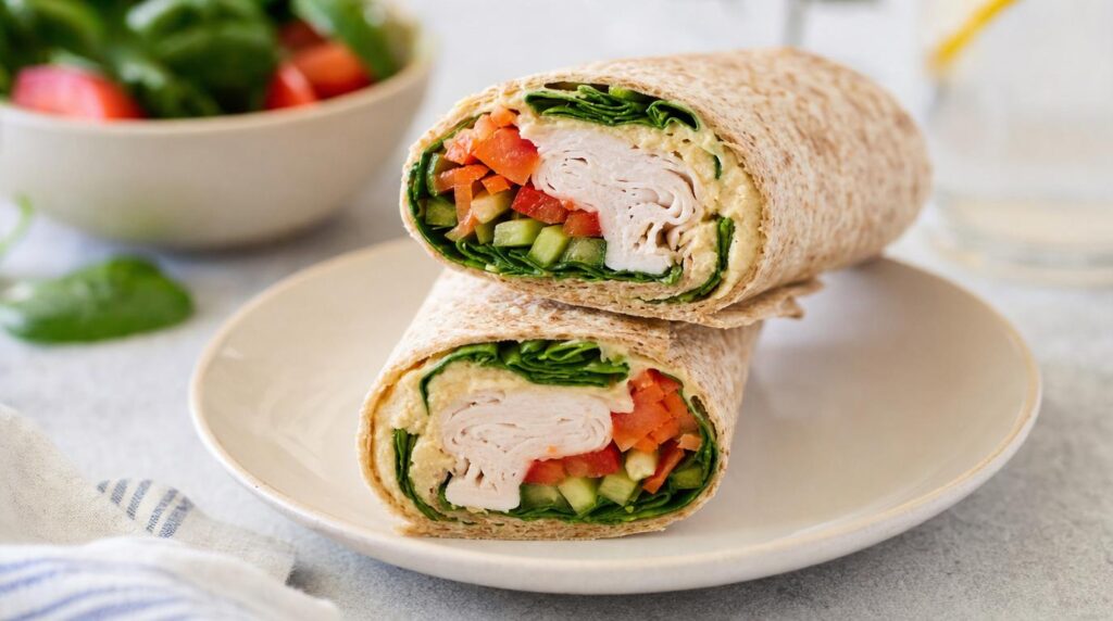 Turkey and Hummus Wrap sliced in half
