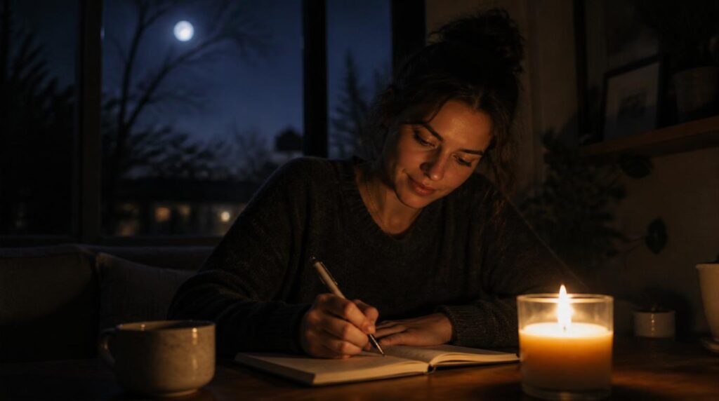 Woman journaling by candlelight under the moon during Cancer season