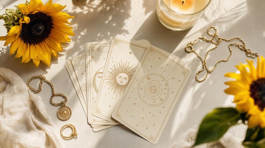 Warm astrology flat lay with sunflowers for Leo season