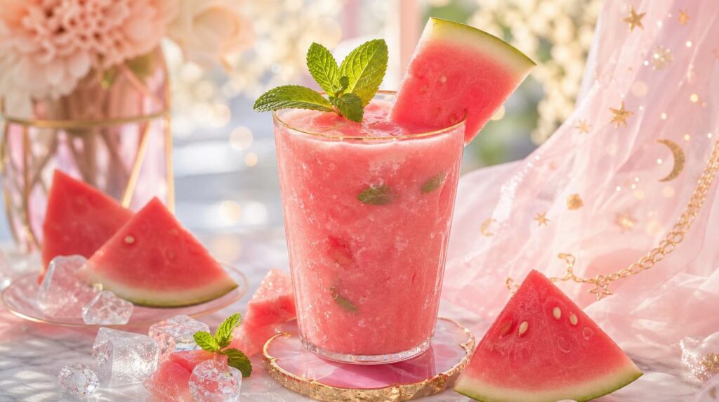 Refreshing watermelon cooler smoothie with mint and ice
