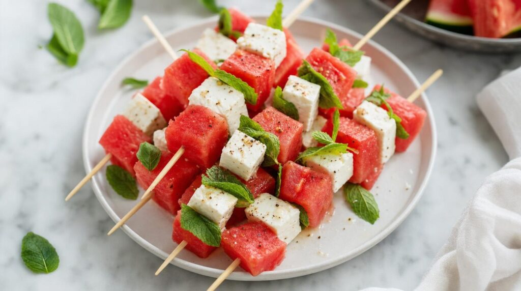 Watermelon and Feta Skewers with mint