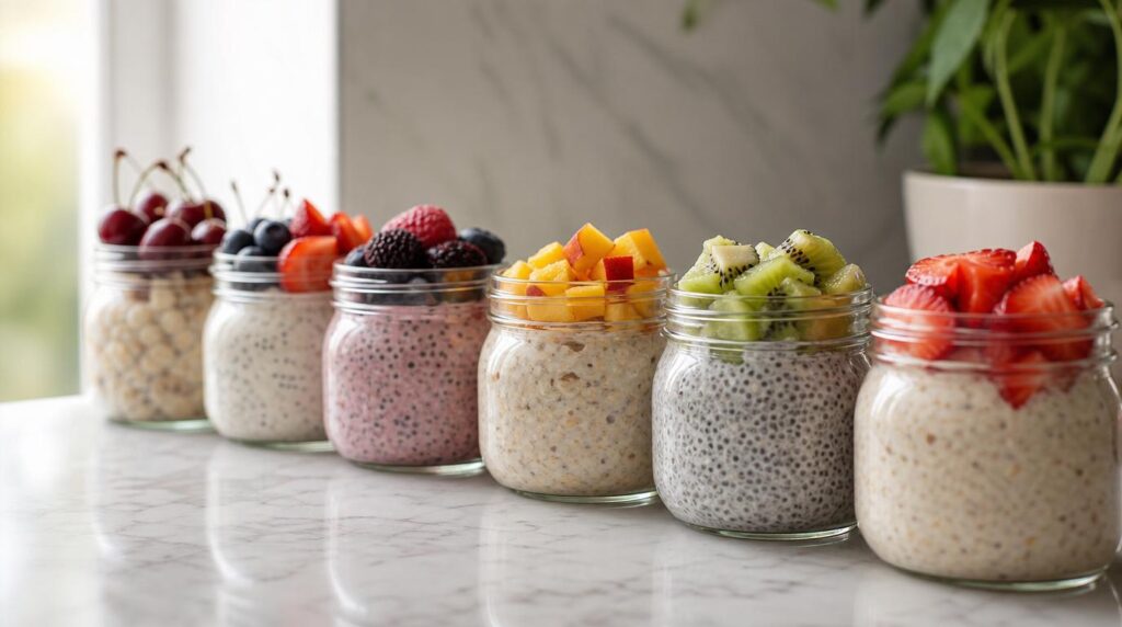 Mason jars of overnight oats and chia pudding meal prep with fruit